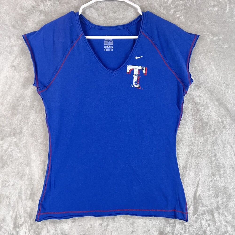 Nike Texas Rangers Womens L Blue V Neck T Shirt MLB Baseball Cap Sleeve Graphic